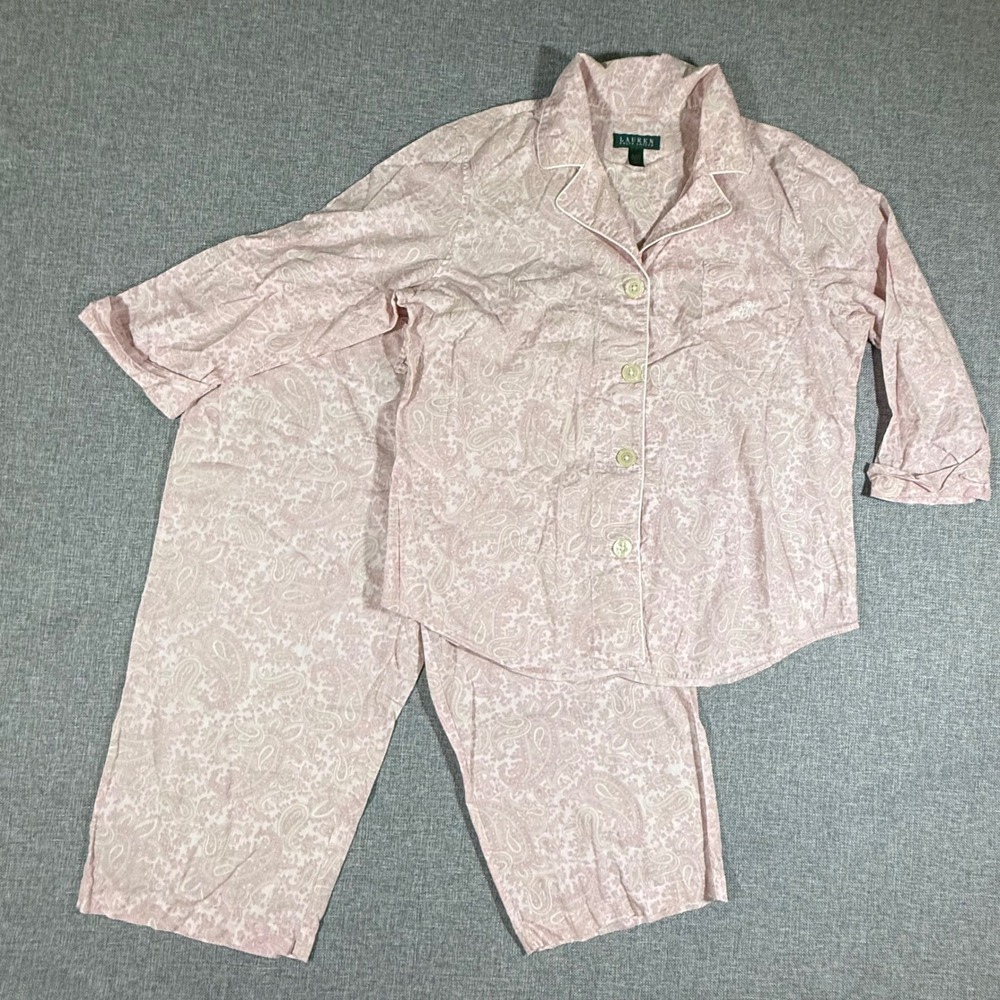 Lauren Ralph Lauren Pajama Set Womens Large Pink Paisley Capri Cotton Cozy